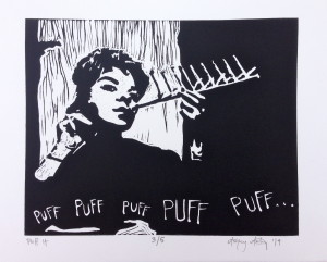 "Puff It." Hand Carved linoleum Linocut Print. Edition of 5. 9x12in. 2014